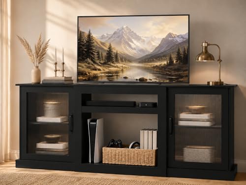 WLIVE 70-Inch Farmhouse TV Stand for 75/80 Inches TV, Tall Entertainment Center with Storage Cabinets, Adjustable Shelves, Cable Management, TV Console Table for Living Room with Acrylic Doors, Black - color: Black, size: 70'' Farmhouse TV Stand