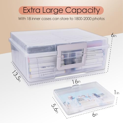 Photo Storage Box 5" x 7", Extra Large Photo Storage Container | 18 Inner Cases, Clear Picture Box with Handle, Seeds Organizer for Pictures, Arts, Crafts, Sewing, Stickers, Office Supplies