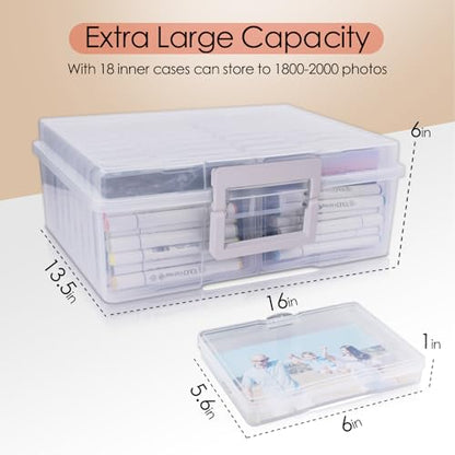 Photo Storage Box 5" x 7", Extra Large Photo Storage Container | 18 Inner Cases, Clear Picture Box with Handle, Seeds Organizer for Pictures, Arts, Crafts, Sewing, Stickers, Office Supplies