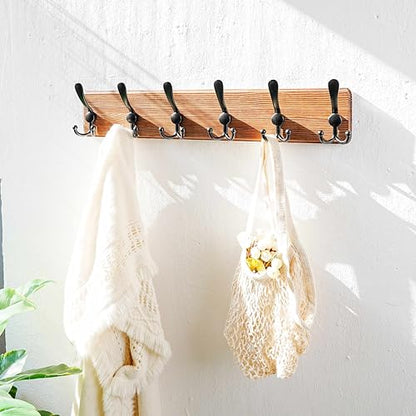 Dseap Coat Rack Wall Mounted - 24" Long 6 Tri Hooks, Heavy Duty Wooden Wall Coat Hanger Coat Hook for Clothes Hat Jacket Clothing, Natural and Black - color: Natural & Black, size: L=24"