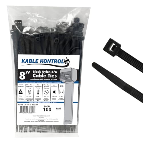 Kable Kontrol Black Zip Ties 8 Inch 100 Pcs, 75 Lbs Tensile Strength, Self-locking Nylon Cable Ties Wire Wraps for Indoor or Outdoor Use - color: Black, size: 8" - 75 Lbs - 100 Pcs