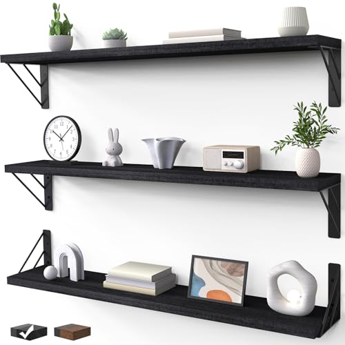 BAYKA Wall Mounted Floating Shelves, Wood Floating Wall Shelf for Books & Decor, Small Space-Saving Display & Organizer（Black，36in，Set of 3） - color: A. Black Board & Black Brackets, size: 36-inch Extended