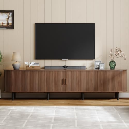 ONBRILL 94.5" TV Stand with Power Outlet for TVs up to 102 Inch, Entertainment Center with Storage and Adjustable Shelves, Modern Media Console with Sliding Doors for Living Room, Walnut - color: Walnut, size: 94.5 Inch