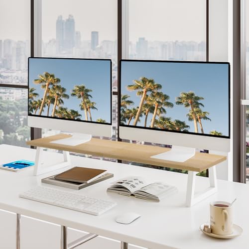 TEAMIX 31.5 inch Dual Monitor Riser - Wide TV Stand for 2 Monitors - Wood & Steel Desktop Riser for Dual Screen Office Desk Organization - color: Maple
