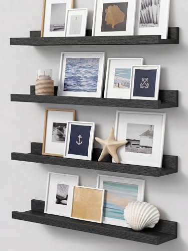 Forbena 24 Inch Floating Picture Ledge Shelf Set of 4 | Solid Wood | Size: W 24" x D 4.5" x H 2.2" | Living Room | Bedroom | Office - color: Black, size: 24 Inch