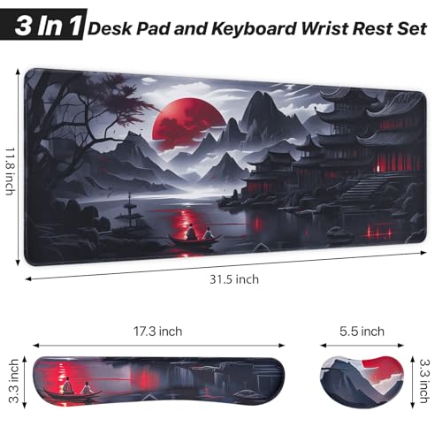 3-in-1 Large Gaming Mouse Pad, Anime Mouse Pad & Keyboard Wrist Rest Support, Memory Foam Ergonomic, Japanese Red Moon Desk Mat Set for Home Office Study Game, 31.5 X 11.8 Inch - color: RedMoon-wrist Rest, size: 31.5L x 11.8W inches