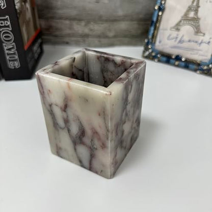 Natural Calacatta Viola Marble Pen Holder, Luxury Square Organizer Cup, Multi-Use Hand-Polished Storage for Desk, Bathroom Vanity, Kitchen Utensils & Makeup Brushes, 2.95” x 3.74” - color: Calacatta Viola