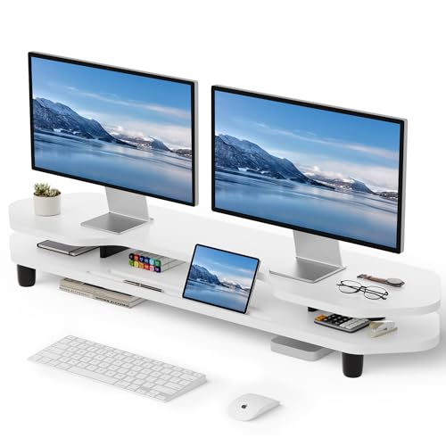 AFOOYO 2 Tier Dual Monitor Stand Riser,Wider Board Computer Monitor Stand for 2 Monitors,Slot For Phone/Tablet Office Desktop Organizer for Laptop,PC,Computer,Printer,White - color: Beech-White, size: 2 Tier