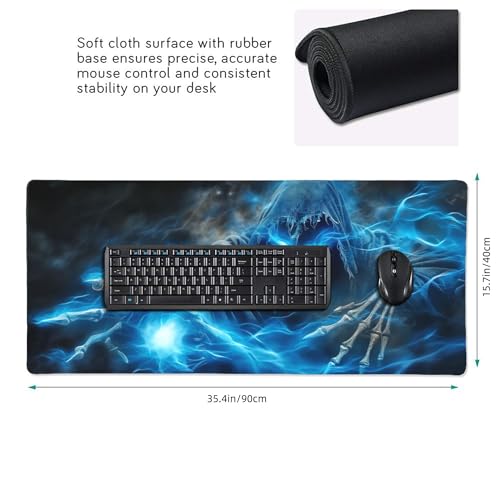 Extended Gaming Mouse Pad, Grim Reaper Skull Design with Blue Flames, 35.4 x 15.7 Inches, Non-Slip Rubber Base - color: skull