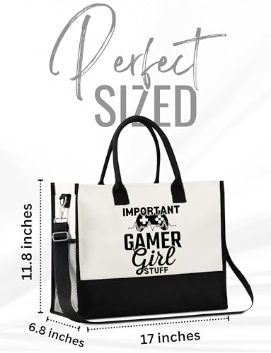 InnoBeta Gamer Gifts for Women & Gamer Girls, Canvas Tote Bag on Christmas or Birthday, Tote with Top Zipper Closure and Shoulder Strap