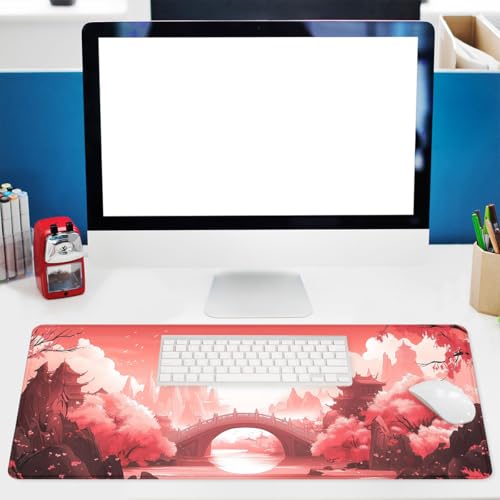 Sunset Gaming Mouse Pad Japanese Pink Red Bridge Red Maple Art Large Desk Mat with Stitched Edges,Non-Slip Waterproof Rubber Base Mouse Mat 31.5 x 11.8 Mouse Pads for Desk Home Office Gaming - color: Sunset, size: 31.5" x 11.8"
