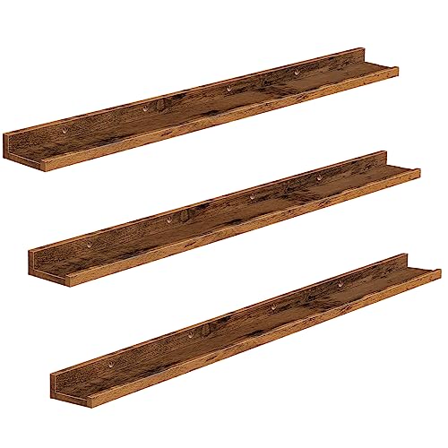 HOOBRO Floating Shelves, Wall Shelf Set of 3, 47.2 Inches Hanging Shelf with Raised Edge and Invisible Brackets, for Bathroom, Bedroom, Kitchen, Office, Living Room Decor, Rustic Brown BF92BJ01 - color: Rustic Brown, size: 47.2 Inches