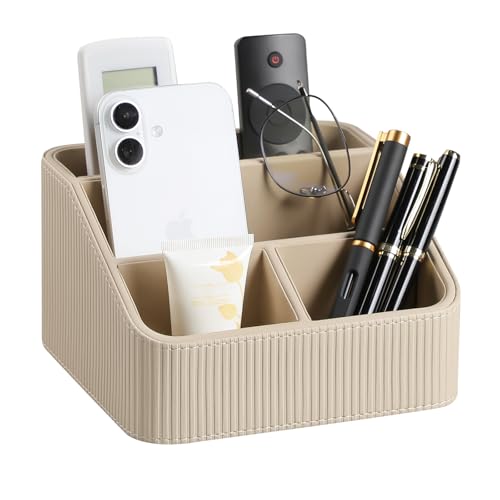 Remote Control Holder with 4 Compartments, PU Leather Small Nightstand Organizer for Home Desk Accessories Office Supplies, Multifunctional Stylish Small Bedside Desktop Organizers (Beige) - color: Beige