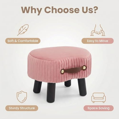Foot Stools Small, Ottomon with Handle, Velvet Footrest Ottoman | Curved Foot Stool with Padded Seat Wooden Legs, Portable Foot Rest for Living Room, Bedroom, Entryway (Pink) - color: Pink