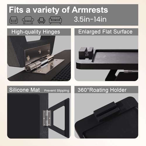 Couch Arm Tray with 360°Phone,Bamboo Folding Sofa Tray,Sofa Armrest Trays Clip-On Couch Desk for Drinks,Snacks,Phone,Remote Control（Black） - color: Black, style: 13.0" x 9.4"Phone Holder