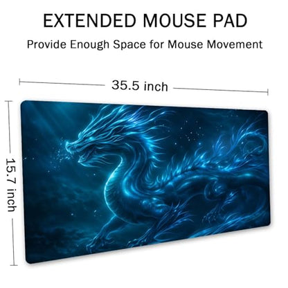 SSOIU Extended Mouse Pad, XXL Gaming Mouse Pads, Large Big Mousepad Laptop Computer Keyboard Mat Desk Pad with Non-Slip Base Stitched Edge for Gaming Office, 35.5 x 15.7 inch, Blue Dragon - color: Blue Dragon