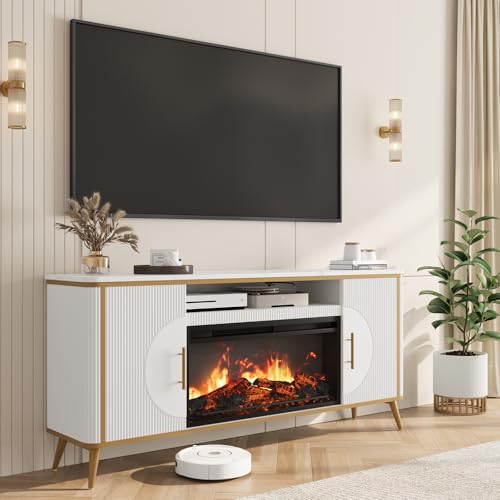 Fluted Fireplace TV Stand Up to 80" TVs, Modern Entertainment Center with 30" Electric Fireplace, Luxury Media Console with Adjustable Shelves for Living Room, White - color: White
