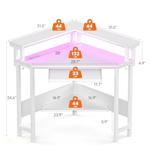 DUMOS Conner Desk Home Office Computer Desk for Small Space with LED Lights Gaming Table with Storage Shelves Power Outlets Monitor Stand Keyboard Tray for Bedroom, White