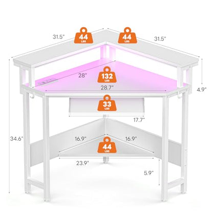 DUMOS Conner Desk Home Office Computer Desk for Small Space with LED Lights Gaming Table with Storage Shelves Power Outlets Monitor Stand Keyboard Tray for Bedroom, White