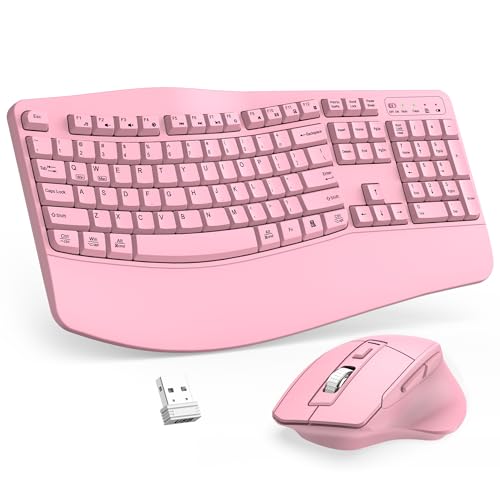 Wireless Keyboard and Mouse Combo, 2.4G Full Size Wave Keys Ergonomic Keyboard with Wrist Rest and 3-Level DPI Adjustable Wireless Ergonomic Mouse for Windows, Mac OS Desktop/Laptop/PC(Pink) - color: Pink