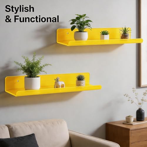 ROYALITA Small Acrylic Shelves Wall Mounted | Set of 2 | 17 Inches | Wall Hanging Plant Display Shelves, Room Decor Floating Wall Shelves for Gaming Room Bedroom, Living Room, Office, Yellow - color: Yellow, size: 17 Inch