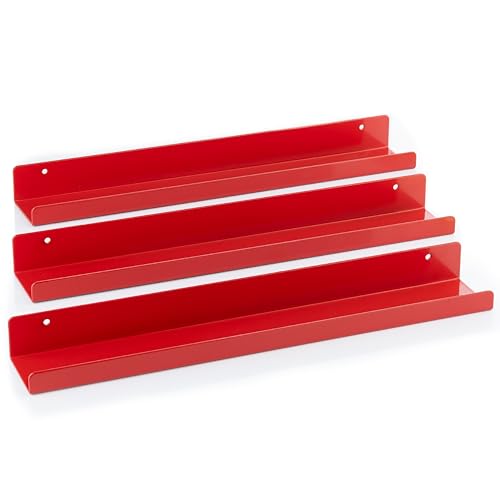 Vinyl Record Shelf - 3 Metal Display Shelves - Wall Mount Now-Playing Vinyl Shelves - an Album Record Holder That Doubles as a Picture Ledge - Fits All Records (Red) - color: Metal (Red)