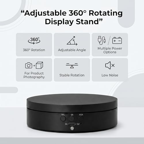 KAIMC Motorized Rotating Display Stand 3-in-1,360 Degree Electric Photography Turntable for Live Streaming, Jewelry Display, Watch, Collectibles,3 Speeds & 4 Angles Adjustable,USB/Battery Powered