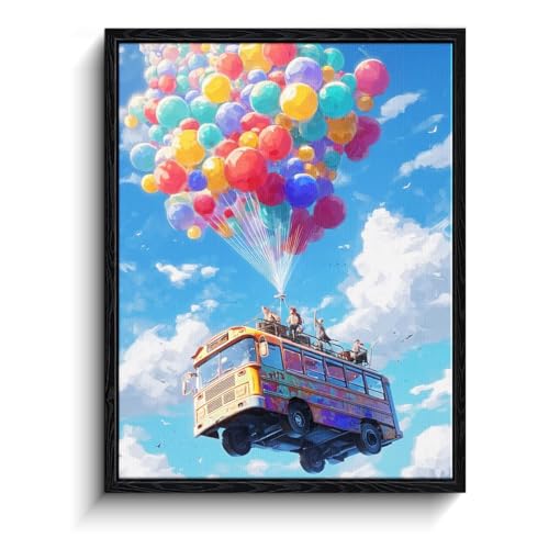 WOXZQ Flying Bus Lifted by Colorful Balloons Wall Art – 12x15 Inch Vibrant Canvas Print – Gaming Room Kids Bedroom Decor – Battle Royale Game Fan Gift - color: Fantasy road trip
