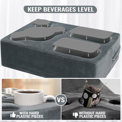 Cup Pillow Holder for Couch – Cup Glass Cozy Pillow | Bed Couch Cup Holder with SS Food Container for Pasta, Fruit, Snacks, Remote | Sofa Drink Buddy for Car, RV, Living Room, Picnic, Camping (Grey)