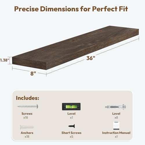 Flat Edge Elm Wood Floating Shelf with Invisible Bracket 36”American Walnut - color: American Walnut, size: 36”,set of 2