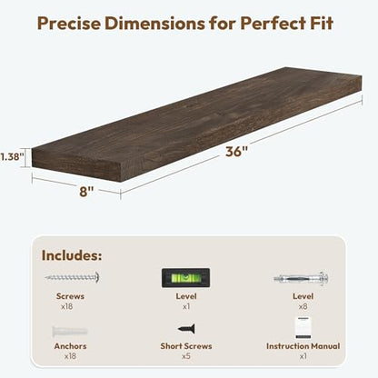 Flat Edge Elm Wood Floating Shelf with Invisible Bracket 36”American Walnut - color: American Walnut, size: 36”,set of 2