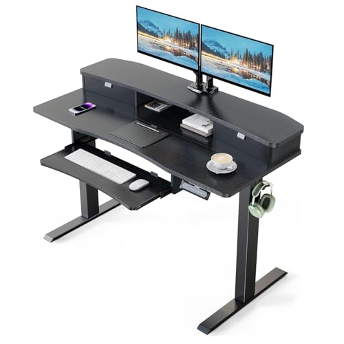 HUANUO 48" x 26" Electric Standing Desk with 2 Drawers & 26.7" Large Keyboard Tray, C-Clamp Mount Compatible, Adjustable Computer Desk for Home Office, Stand Up Desk with 4 Height Presets, Black - color: Black, size: 48" x 26"
