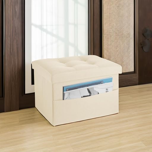LINMAGCO Storage Ottoman Folding Foot Stool Foot Rest with Side Pocket Modern Ottoman with Storage Short Sofa Stool Linen Cloth 17x13x13(Beige) - color: Beige(linen), size: 13"D x 17"W x 13"H
