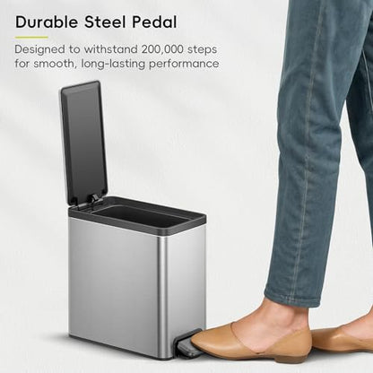 EKO Slim Small Bathroom Trash Can with Lid, Stainless Steel Small Garbage Can with Removable Inner Bucket, 6L / 1.6 Gal, Step On Trash Bin - color: Matte Stainless Steel, size: 6L