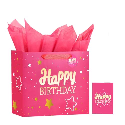 Powbrace 13" Pink Happy Birthday Gift Bag with Tissue Paper and Greeting Card for Party,Happy Birthday Gift Bag for Men Women,Gift Bags Medium size(1 PCS Pink Hot Stamping) - color: 1 PCS Pink Hot Stamping, size: 1 count (Pack of 1)