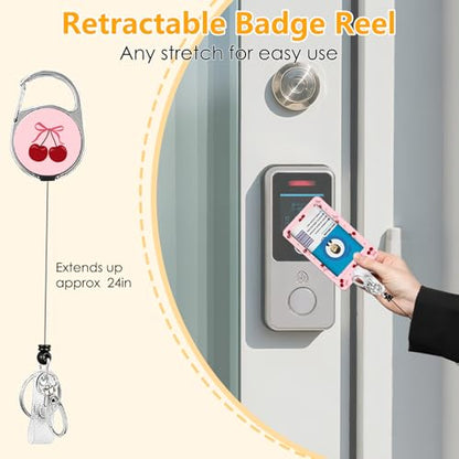 Cherry Badge Holder with Lanyard, Beautiful Bow ID Badge Holder with Retractable Reel Clip and Keychain for Bow Lover, Vertical Identity Card Cover Case Protector for Women Nurse Teacher - color: Cherry-pink