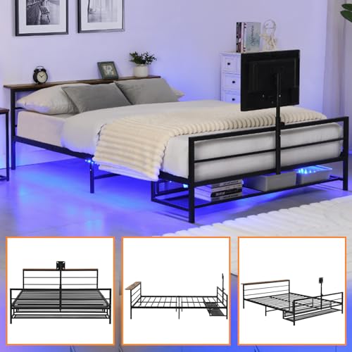 Anwick Full Gaming Bed with TV Lift and LED Lights, Metal Bed Frame with TV Mount for 13-42 Inch TVs, Twin Bed with Storage and Ventilated Console Rack (Full)