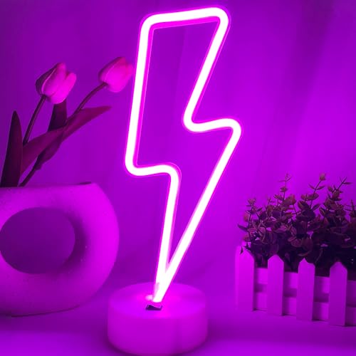 Lightning Bolt Neon Sign Purple With Base for Bedroom, USB/Battery Thunder Lamp Night Light, LED Shaped Decor for Desk Table Game Room Man Cave - color: Purple