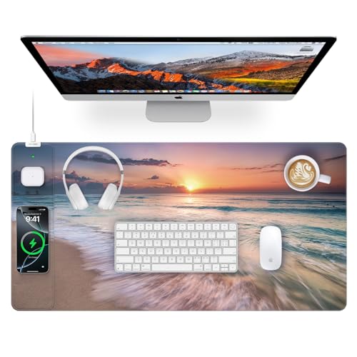 Wireless Charging Mouse Pad, 31.5"x15.8" Large Gaming Desk Mat for Keyboard/Laptop, Waterproof Ultra-Smooth Surface, Non-Slip Base, Beach Sunset - color: Sunset Beach-31.5"x15.8"