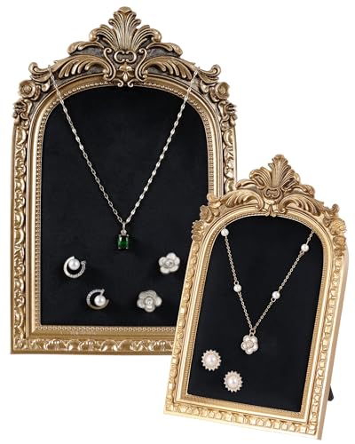 Wonderjune 2 Pcs Gold Jewelry Display Frame Vintage Jewelry Stand 10″, 7″ Resin Necklace Organizer Ring Holder Earring Tray for Photography Props Women Wedding Gifts(Black,Large,Small,Elegant) - color: Black, size: Large,Small, style: Elegant