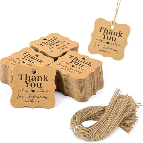 SallyFashion 150 PCS Thank You Brown Gift Tags with String, 2 x 2 Inches Paper Gift Tags for Party Favors Weddings, Bridal and Baby Showers Birthdays - color: Brown