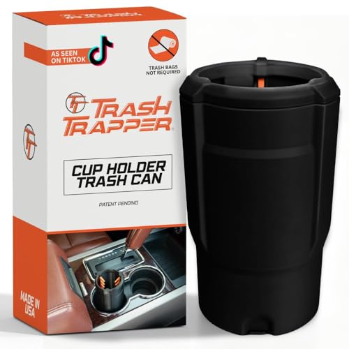 Trash Trapper Car Trash Can Cup Holder | Mini Car Trash Can | Fits in Most Doors | 5.1" x 2.9" | Traps More & Empties Less, Patent-Pending Compaction, Holds Weeks of Small Garbage, Black/Orange - color: Black/Orange, size: Original