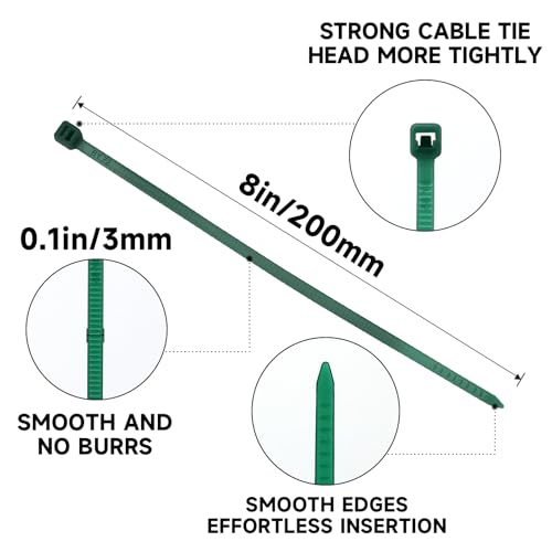 KINGLAKE GARDEN Green Zip Ties 100 Pack 8 Inch Green Nylon Tie Premium Plastic Cable Zip Ties for Indoor and Outdoor (8 inch) - size: 8 inch