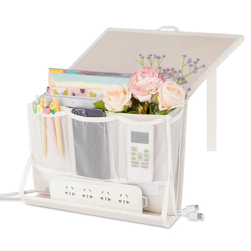 Bedside Caddy Bedside Storage Organizer Bedside Organizer with Power Strip Holder and 2 Adjustable Straps for Home Bunk Bed College Dorm Sofa (White) - color: White
