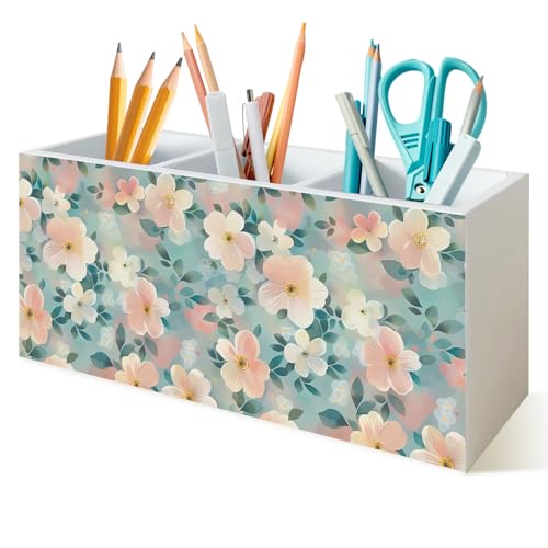 Pink and Blue Floral Pen Holder for Desk, Cottagecore Pastel Flower Botanical Wooden Box Sign Desk Storage Organizer for Girls Room Bedroom Dorm Home Office Decoration - color: Blue Floral