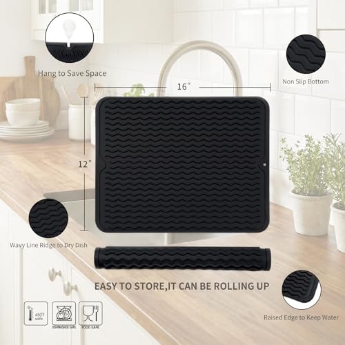 MicoYang Silicone Dish Drying Mat — Quick-Dry Ridges Counter & Sink Pad, Heat-Resistant Trivet to 450°F, Non-Slip & Dishwasher Safe, Roll-Up Storage, 18 Colors & 9 Sizes (Black, 16"×12") - color: Black, size: 16"L x 12"W