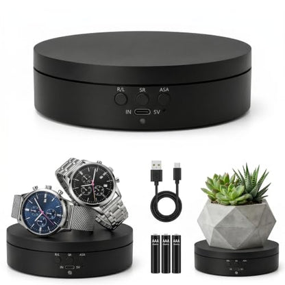 KAIMC Motorized Rotating Display Stand 3-in-1,360 Degree Electric Photography Turntable for Live Streaming, Jewelry Display, Watch, Collectibles,3 Speeds & 4 Angles Adjustable,USB/Battery Powered