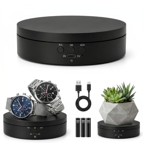KAIMC Motorized Rotating Display Stand 3-in-1,360 Degree Electric Photography Turntable for Live Streaming, Jewelry Display, Watch, Collectibles,3 Speeds & 4 Angles Adjustable,USB/Battery Powered