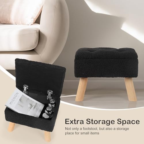 OGEMXU Storage Ottoman, Small Foot Stool Ottoman with Storage, Boucle Teddy Velvet Foot Rest with Padded Seat, Sturdy Wood Legs Stool for Living Room, Bedroom, Couch, Enterway (Black) - color: Black