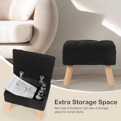 OGEMXU Storage Ottoman, Small Foot Stool Ottoman with Storage, Boucle Teddy Velvet Foot Rest with Padded Seat, Sturdy Wood Legs Stool for Living Room, Bedroom, Couch, Enterway (Black) - color: Black